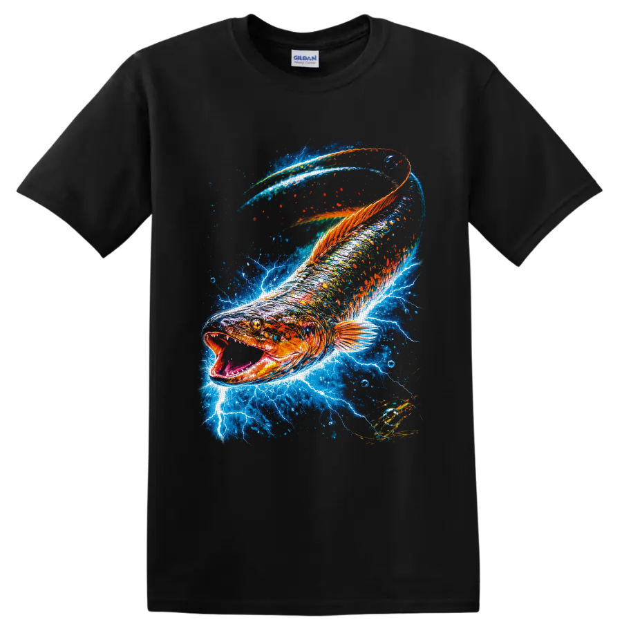 Largemouth bass with lightning and vivid blue water splash graphic on a Black T Shirt