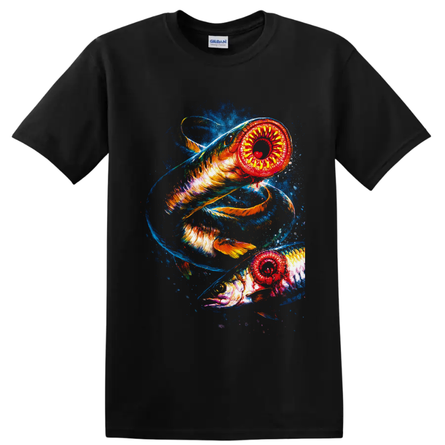 Two vivid lamprey fish in swirling blue water with fiery painterly ocean art on a Black T Shirt