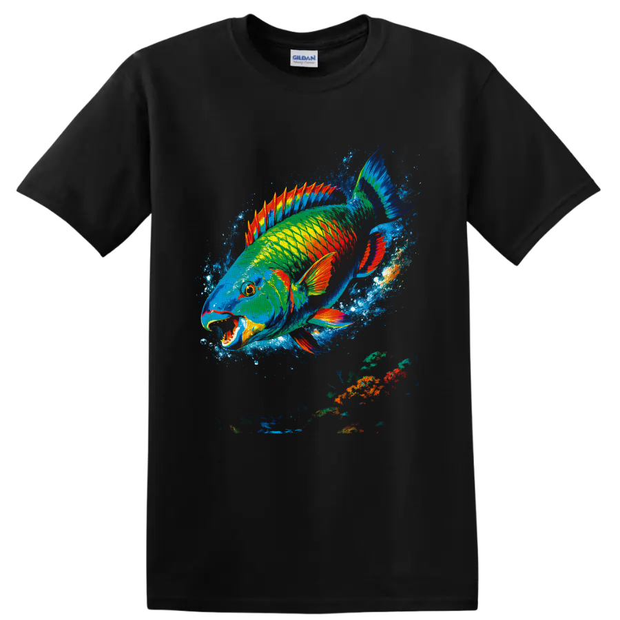 Vibrant painterly parrotfish graphic swimming through an electric blue ocean splash on a Black T Shirt