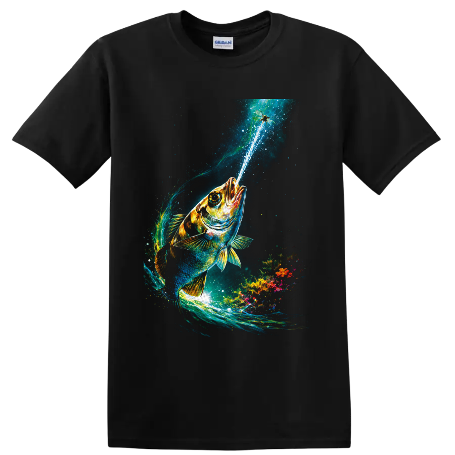 Vibrant bass leaping through glowing underwater currents toward a dragonfly on a Black T Shirt