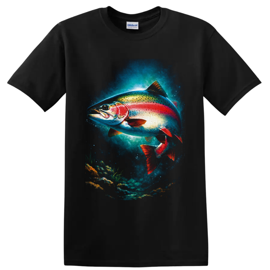 Colorful rainbow trout swimming in a glowing freshwater underwater art scene on a Black T Shirt