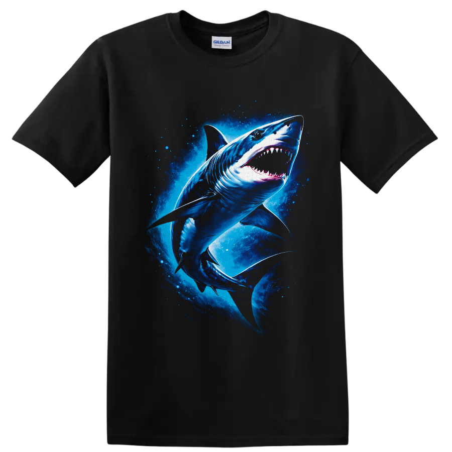 Great White Shark in a vivid blue underwater ocean graphic print on a Black T Shirt