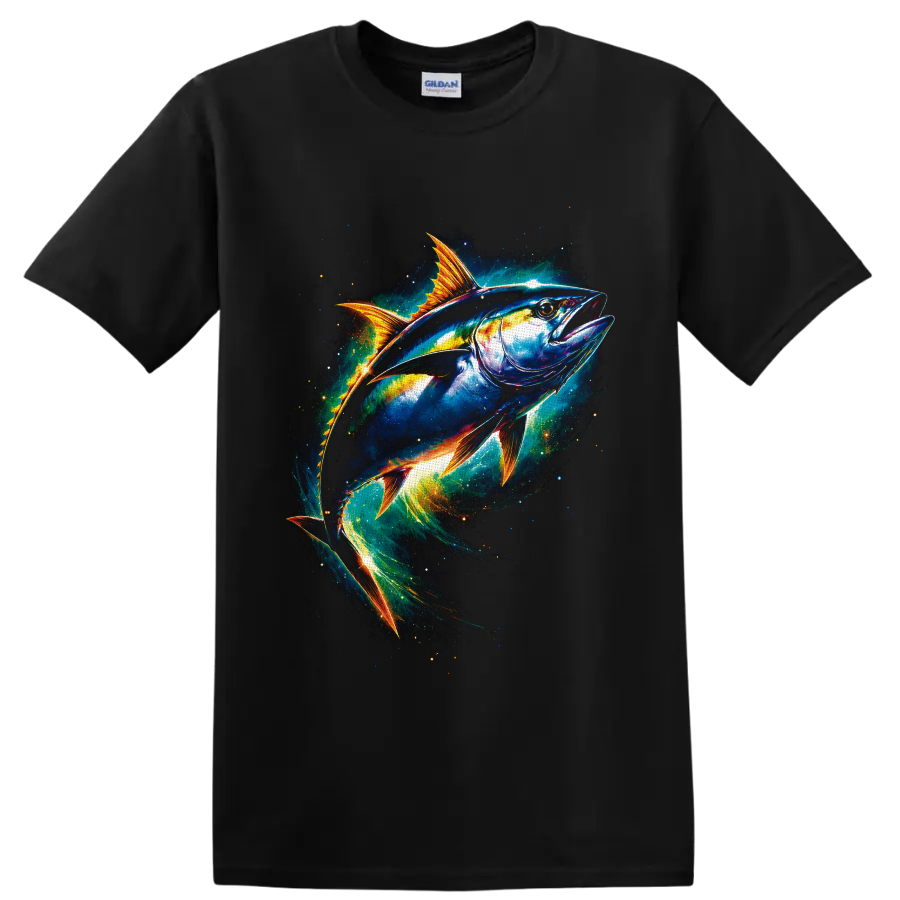 Colorful tuna swimming through glowing cosmic ocean waves on a Black T Shirt