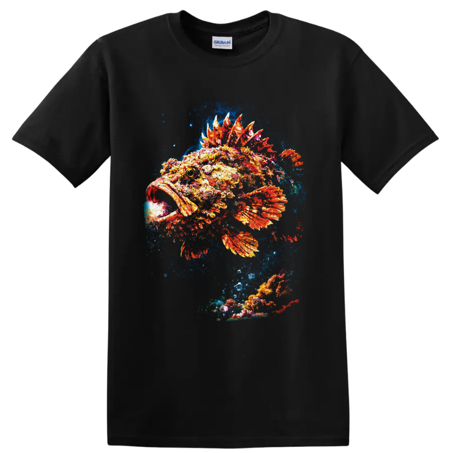 Colorful painterly spiny fish with fiery fins in a blue underwater splash on a Black T Shirt