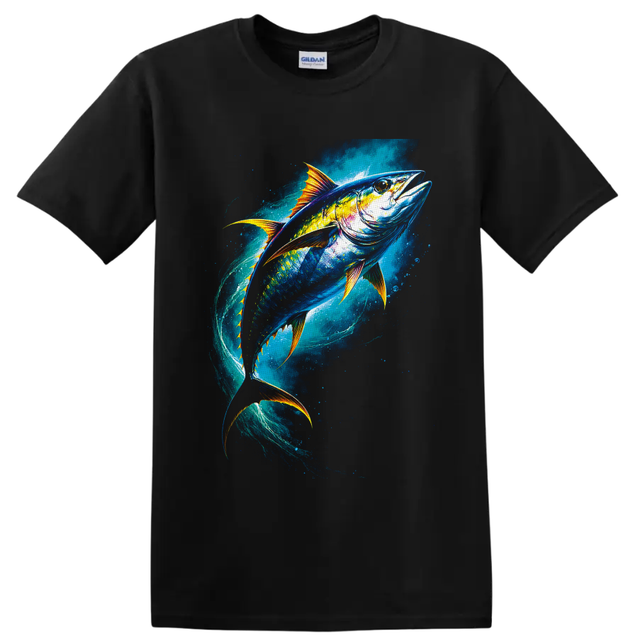 Colorful tuna swimming through a swirling blue ocean with golden fins on a Black T Shirt