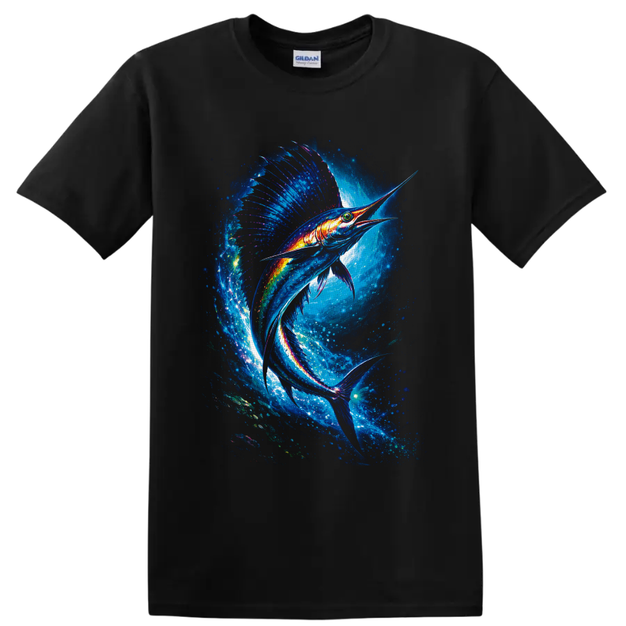 Neon-style sailfish swimming through a glowing blue ocean wave on a Black T Shirt