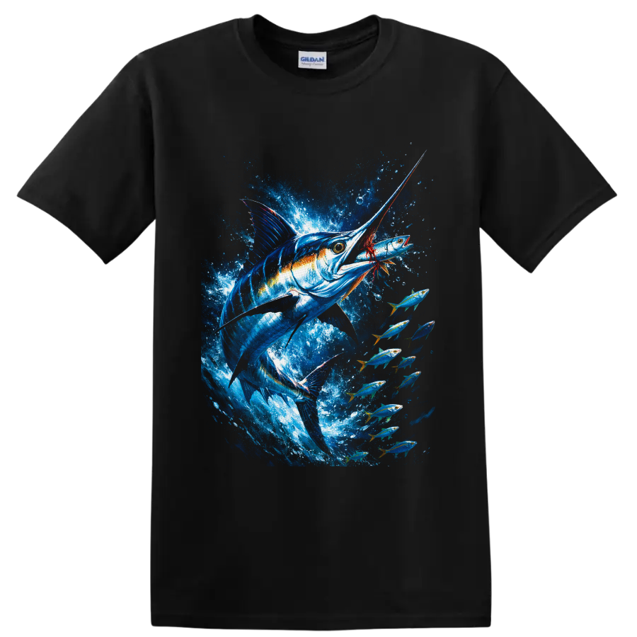 Blue marlin chasing a fish amid schooling tuna in vivid ocean splash artwork on a Black T Shirt