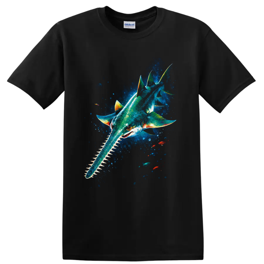 Colorful sawshark graphic swimming through a glowing deep-blue underwater scene on a Black T Shirt