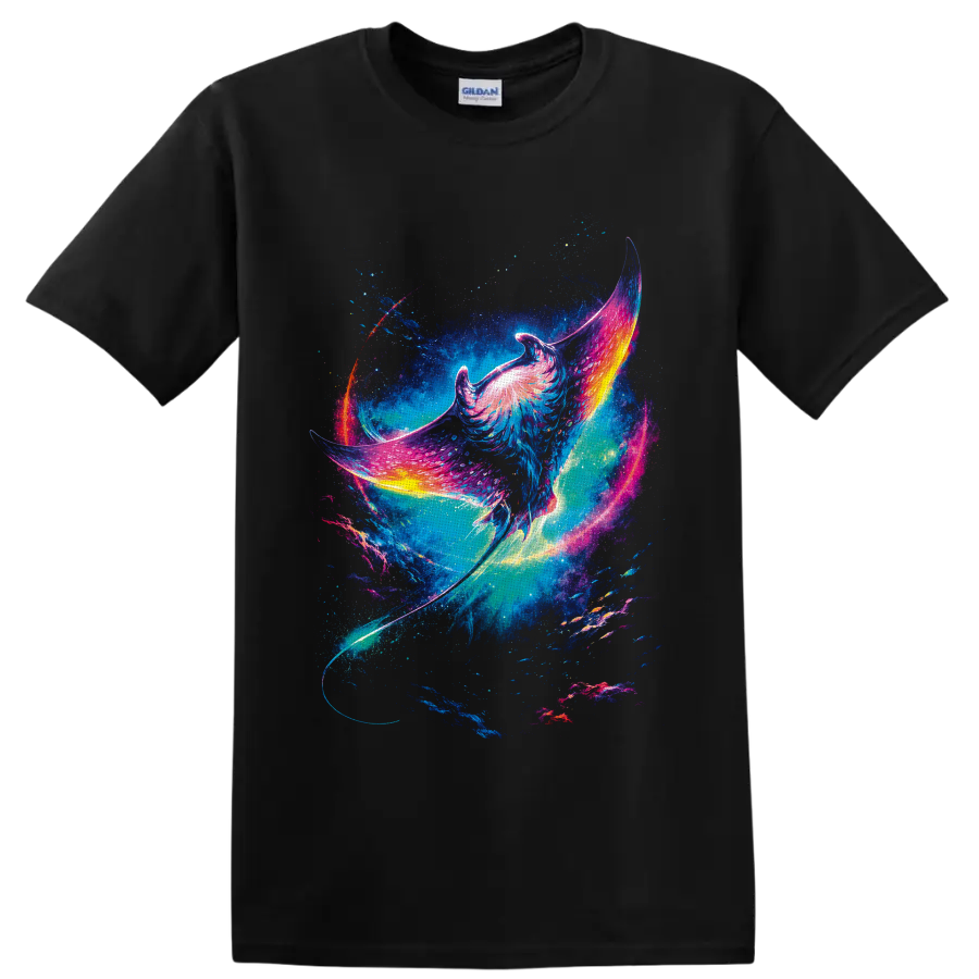 Neon fantasy manta ray gliding through a starry cosmic ocean on a Black T Shirt