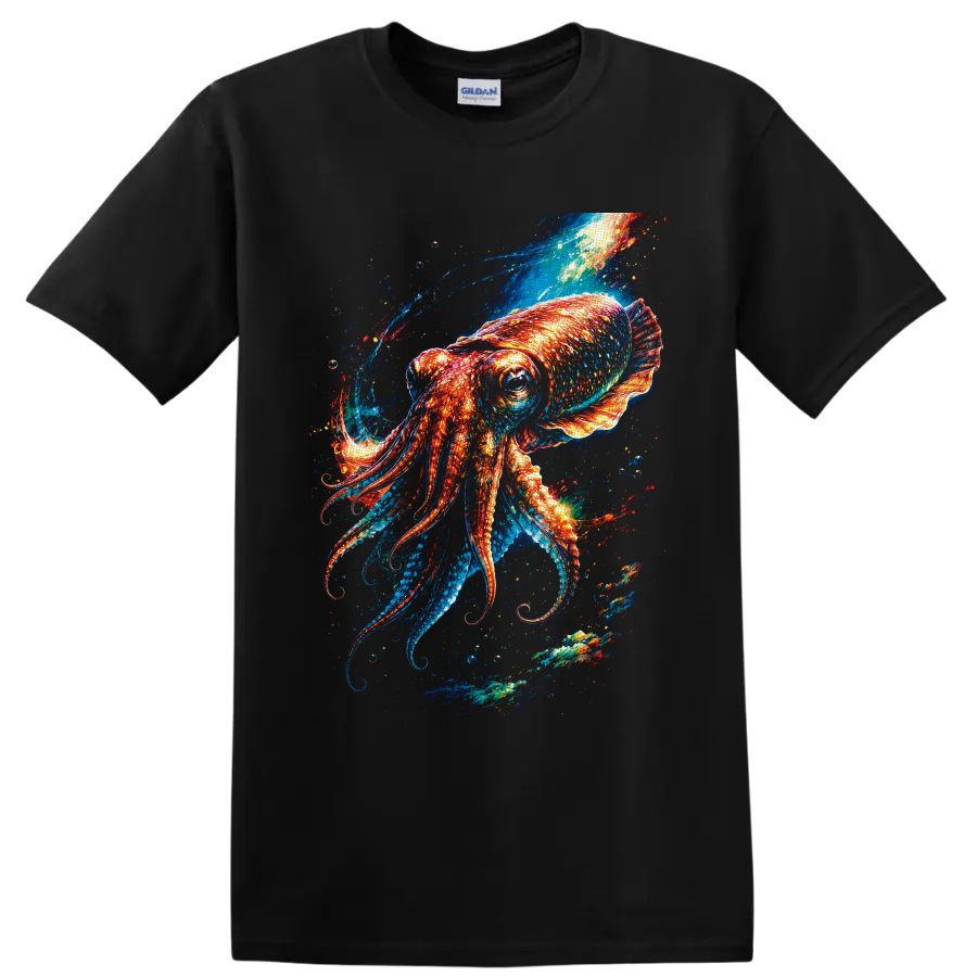 Vivid cosmic squid graphic with glowing orange tentacles and swirling blue ocean currents on a Black T Shirt