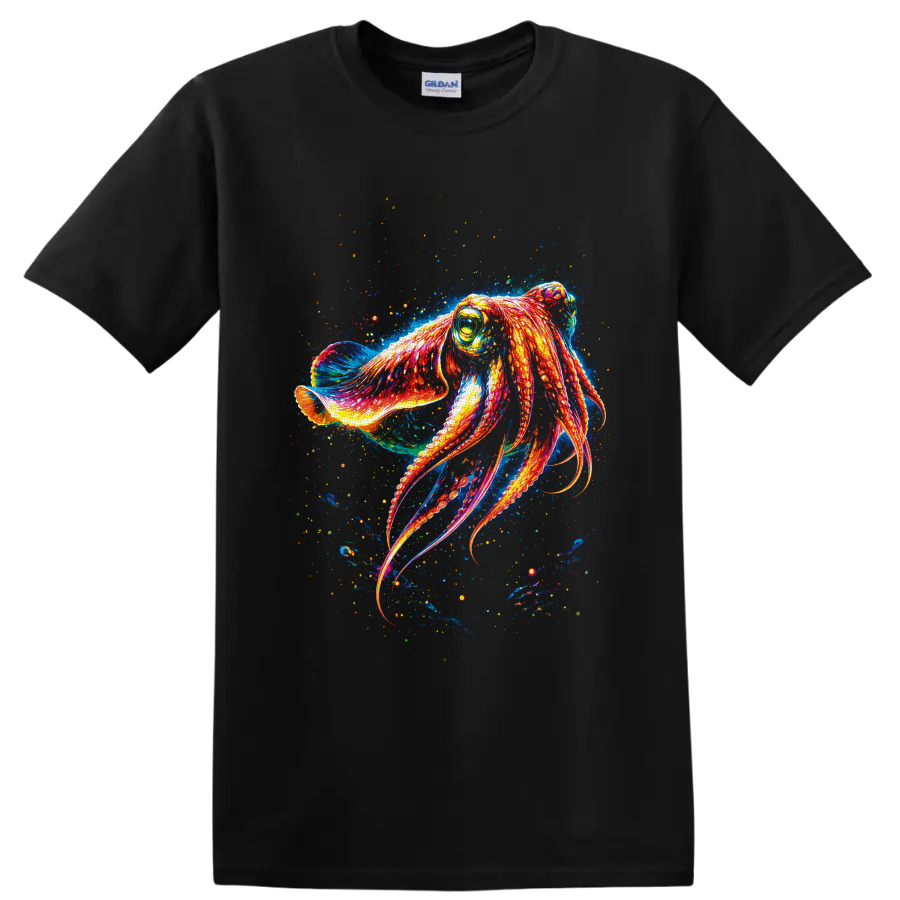 Neon orange octopus with curling arms in an electric blue ocean splash illustration on a Black T Shirt