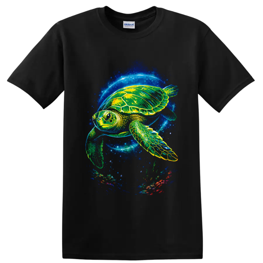 Neon sea turtle swimming through a glowing blue ocean with bubbles and coral reef on a Black T Shirt