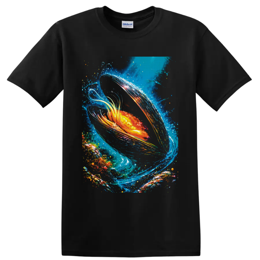 Radiant goldfish in swirling blue water with bubbles and colorful painterly splashes on a Black T Shirt