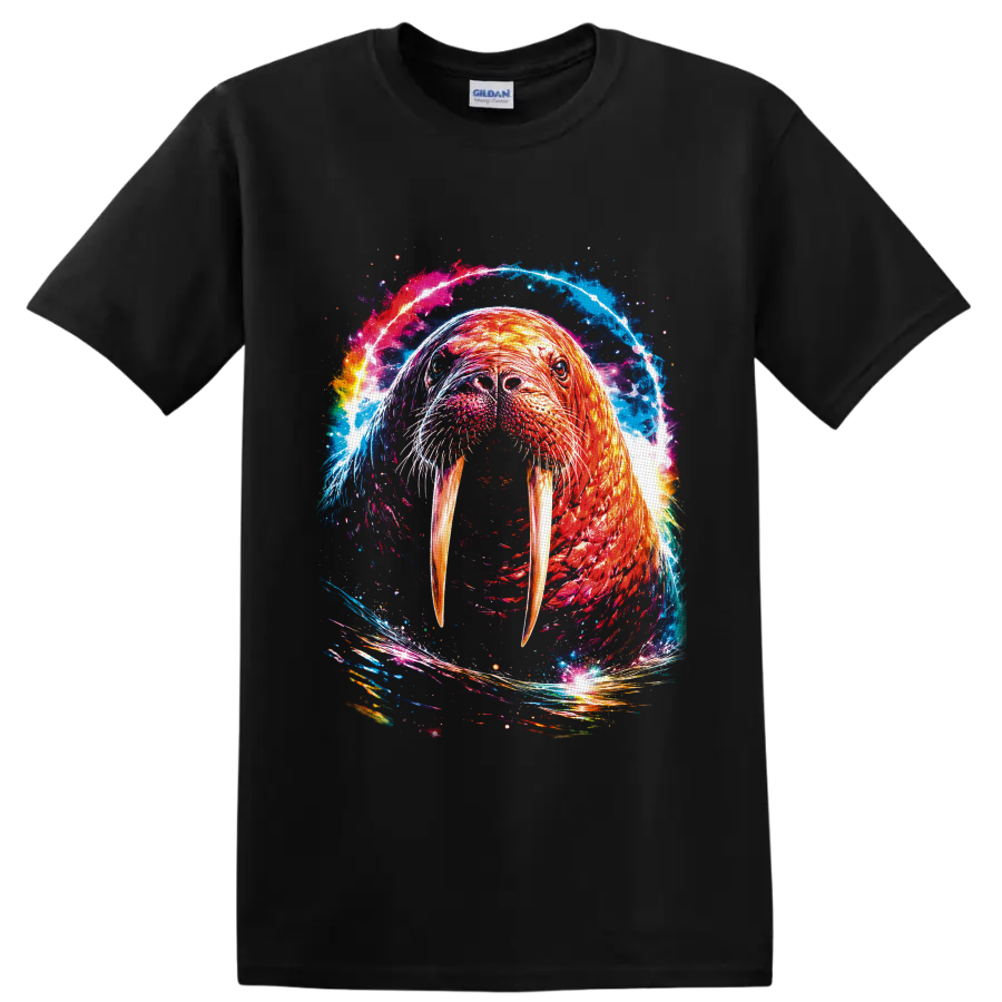 Vibrant cosmic walrus portrait with long tusks and swirling ocean-color energy on a Black T Shirt