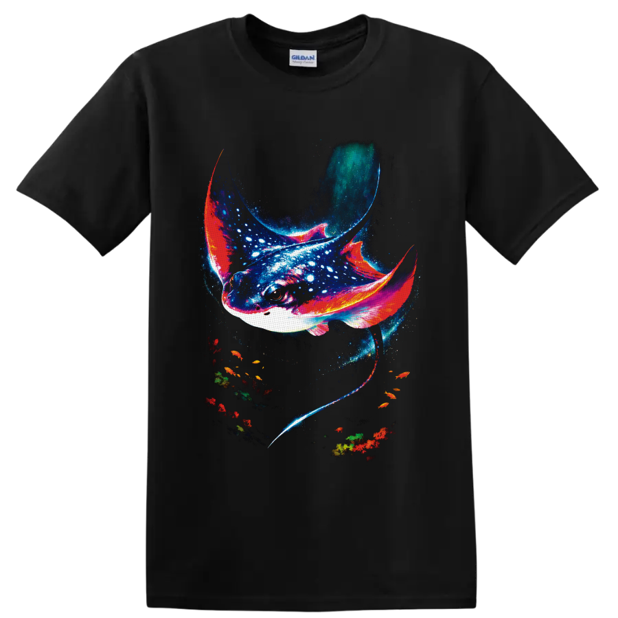 Cosmic manta ray illustration with luminous speckles, colorful fish, and coral on a Black T Shirt