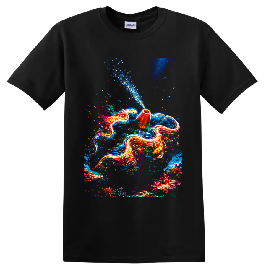 Flowing aquatic animals in colorful coral reef art with fish, bubbles, and starfish on a Black T Shirt