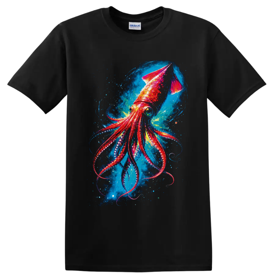 Colorful Giant Squid illustration with curling tentacles in a swirling deep-sea scene on a Black T Shirt
