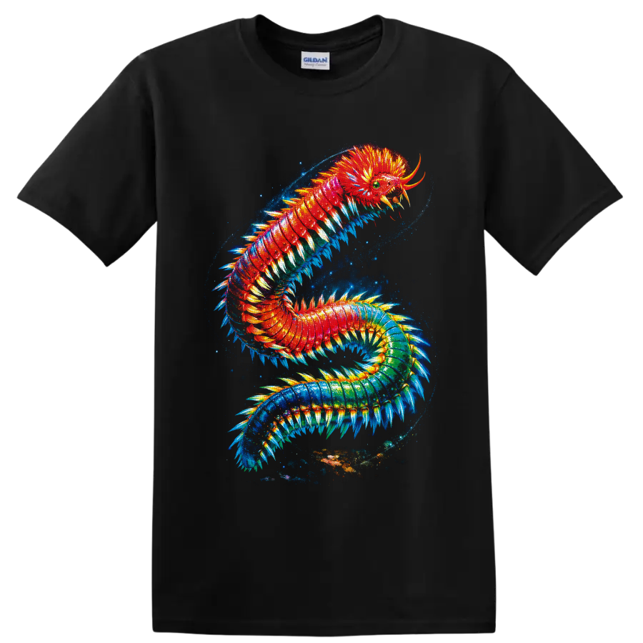 Surreal rainbow marine bristle worm with glowing bristles in a cosmic ocean swirl on a Black T Shirt