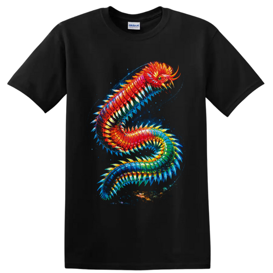 Surreal rainbow marine bristle worm with glowing bristles in a cosmic ocean swirl on a Black T Shirt