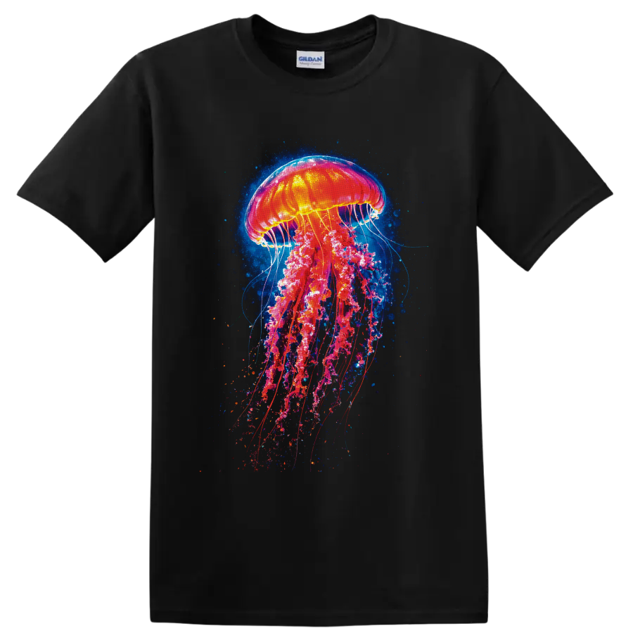 Neon jellyfish graphic art with glowing tentacles and deep blue ocean particles on a Black T Shirt