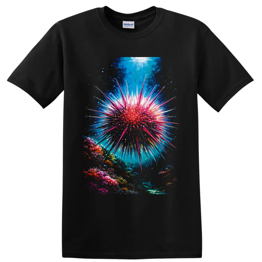 Crown-of-thorns starfish with radiant spines above a colorful sunlit coral reef on a Black T Shirt