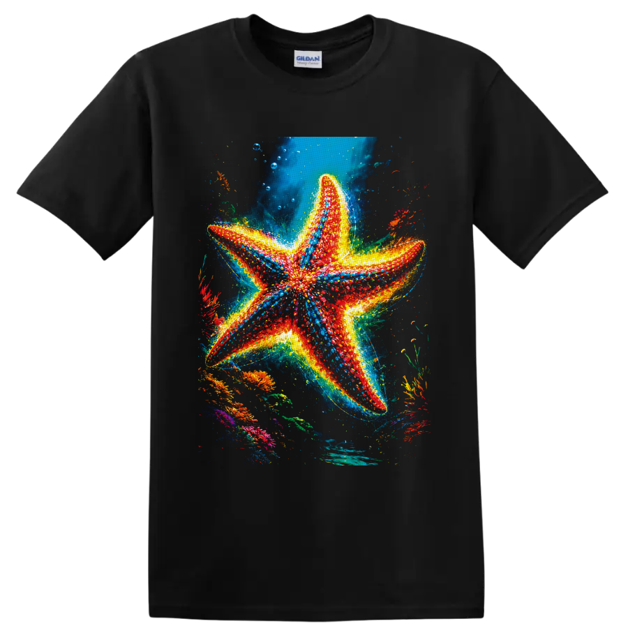 Vibrant red and blue starfish in a glowing tropical coral reef scene on a Black T Shirt