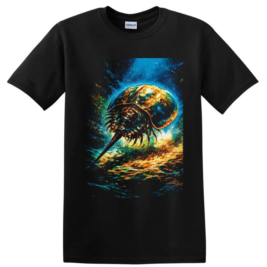 Vibrant horseshoe crab illustration in swirling blue water and fiery orange currents on a Black T Shirt