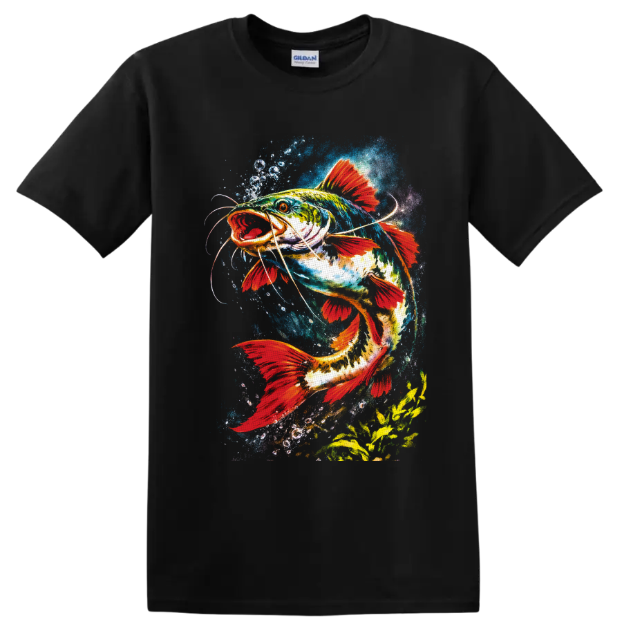 Vibrant watercolor catfish with red fins swimming through blue splashes and bubbles on a Black T Shirt