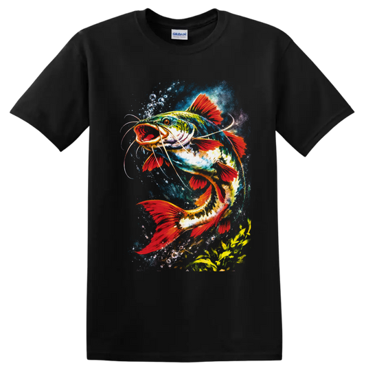 Vibrant watercolor catfish with red fins swimming through blue splashes and bubbles on a Black T Shirt