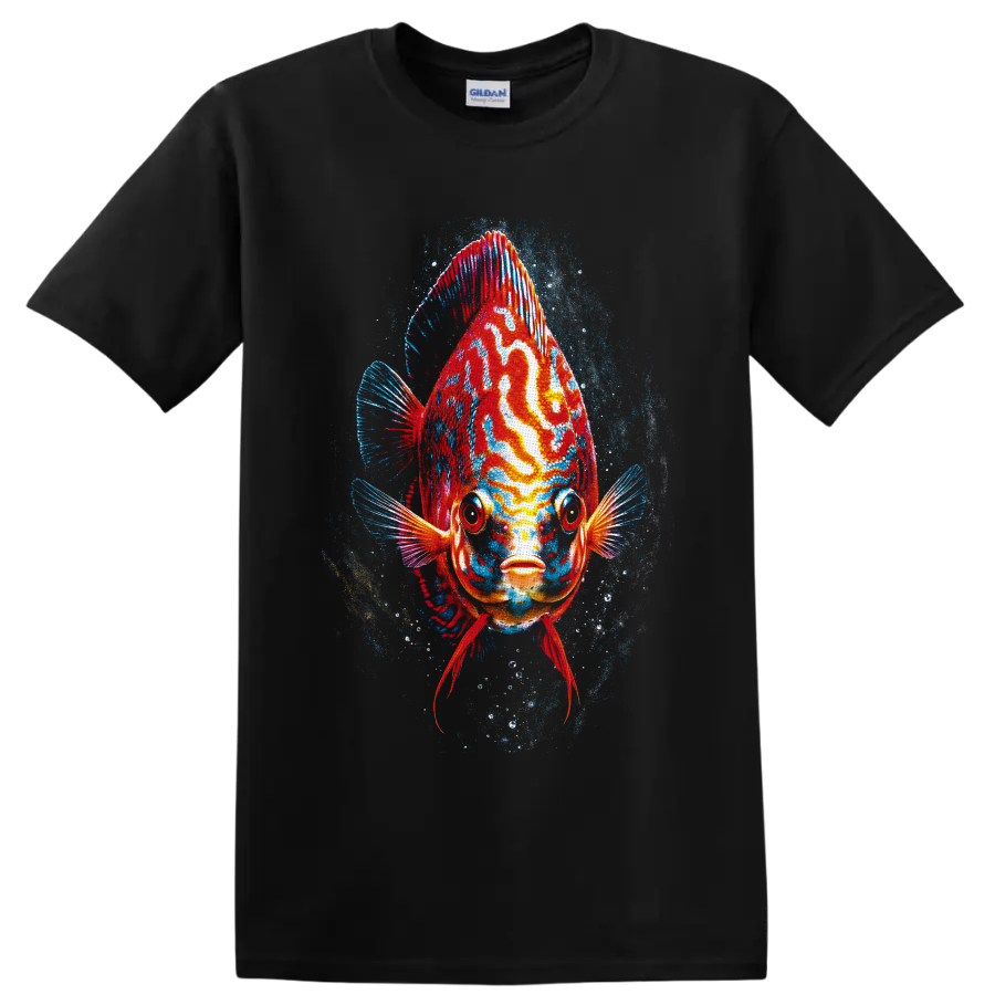 Colorful discus fish portrait with red, orange, and turquoise underwater splash art on a Black T Shirt