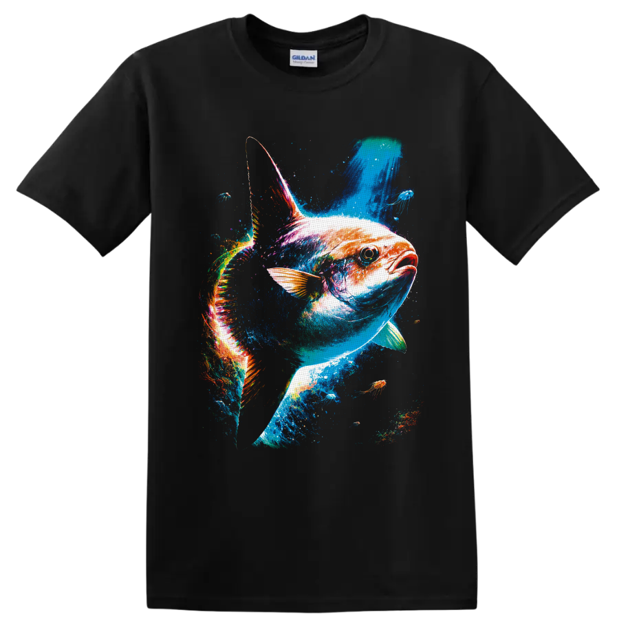 Colorful Bluefin Tuna splash-art design with jellyfish in a vivid underwater scene on a Black T Shirt