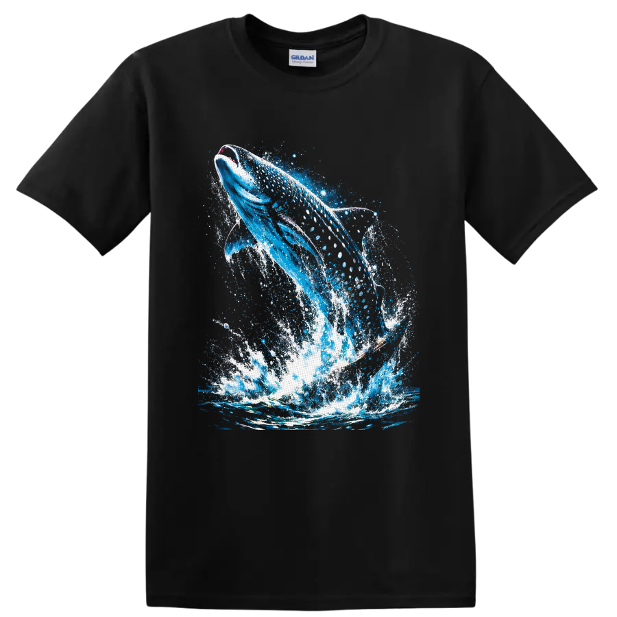 Breaching humpback whale in vivid blue ocean splash and paint-splatter artwork on a Black T Shirt