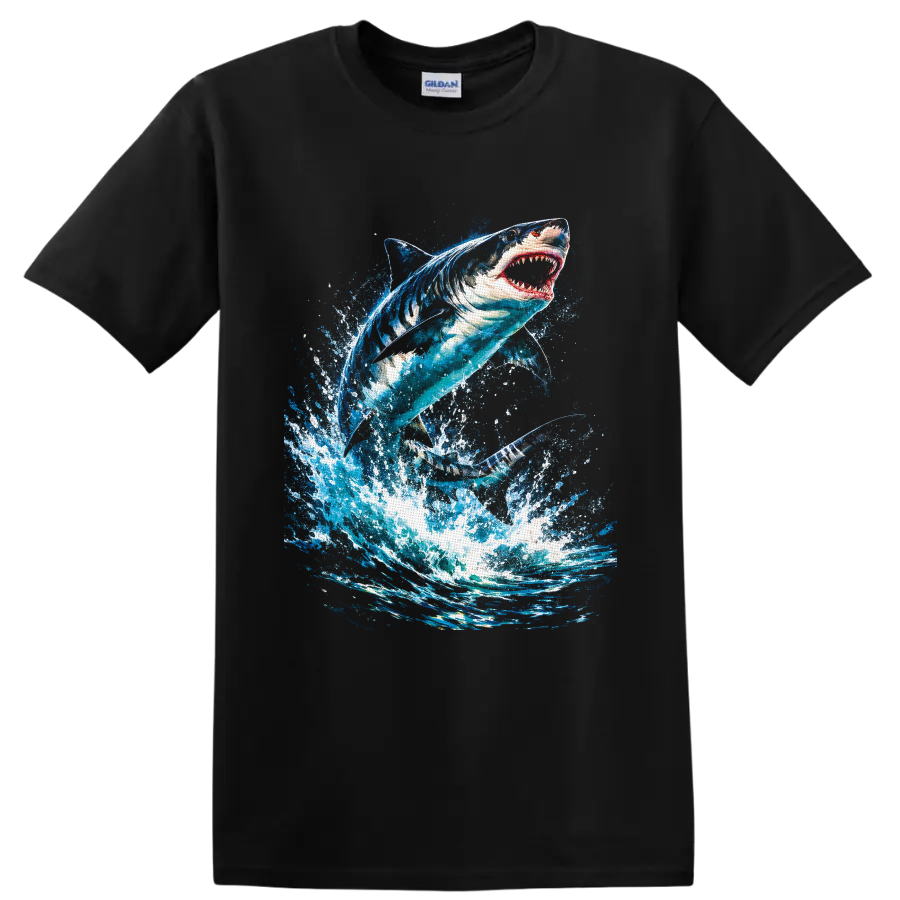Great white shark leaping through a vivid blue ocean wave splash art design on a Black T Shirt
