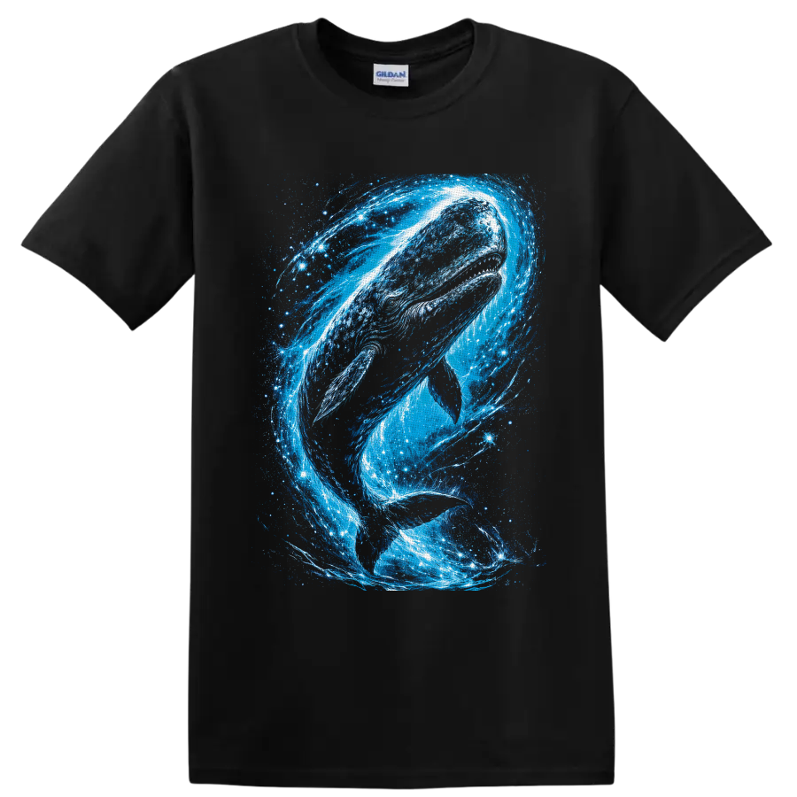 Humpback whale in swirling blue cosmic ocean waves and starry galaxy art on a Black T Shirt