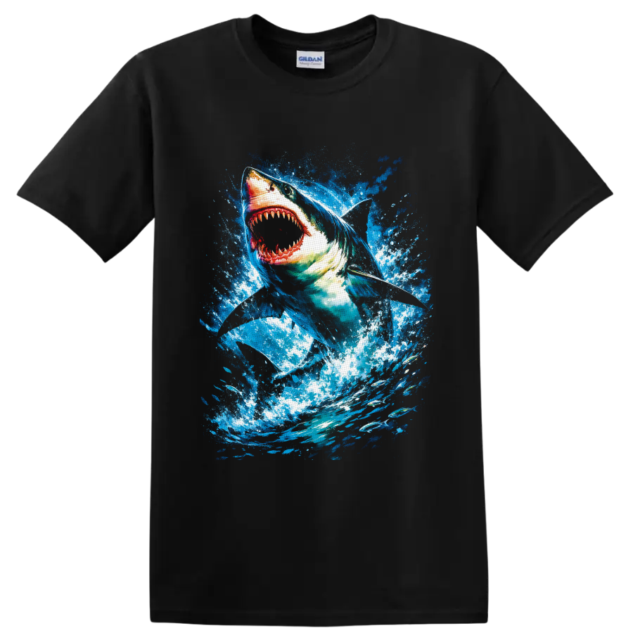 Great White Shark lunging through vivid blue ocean splash art on a Black T Shirt