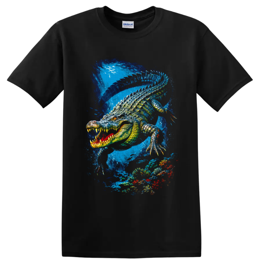 Fierce crocodile swimming through a vivid blue underwater coral reef illustration on a Black T Shirt