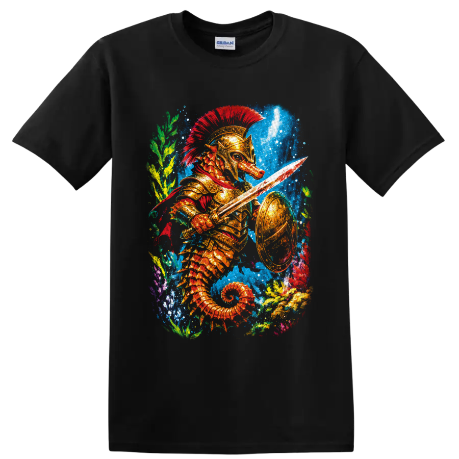 Colorful fantasy seahorse warrior in golden armor with sword and shield underwater on a Black T Shirt