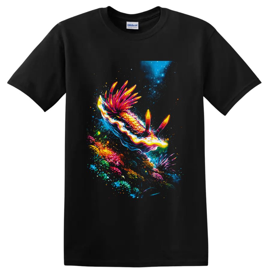 Vibrant nudibranch sea slug swimming through a colorful coral reef illustration on a Black T Shirt