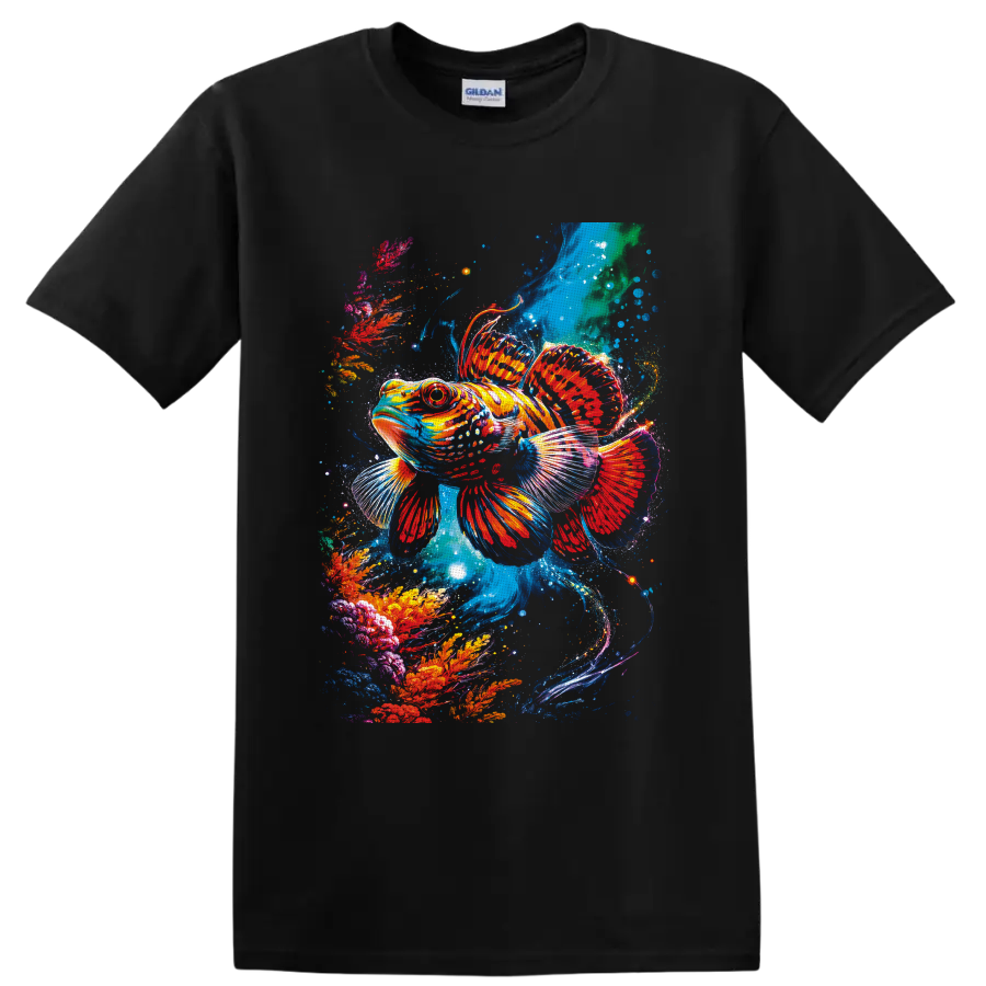 Tropical fish in a vibrant painterly underwater coral reef scene on a Black T Shirt