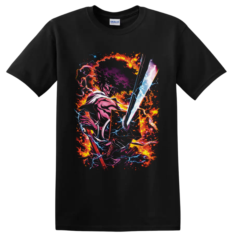 Mononoke Medicine Seller with glowing spirit sword, fire, and lightning anime art on a Black T Shirt