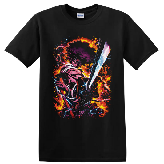 Mononoke Medicine Seller with glowing spirit sword, fire, and lightning anime art on a Black T Shirt