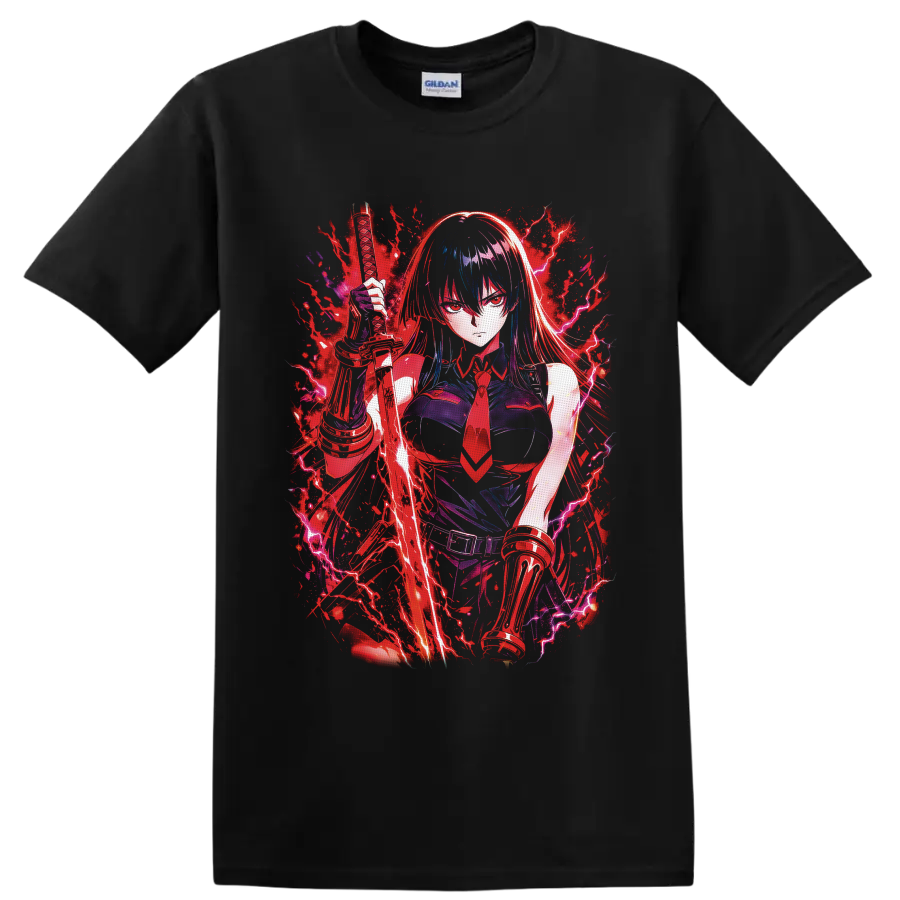 Esdeath Akame ga Kill anime warrior with katana, crimson splatter, and purple lightning on a Black T Shirt