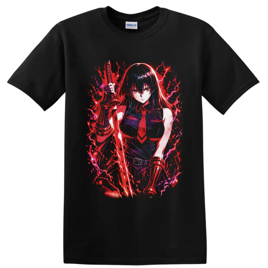 Esdeath Akame ga Kill anime warrior with katana, crimson splatter, and purple lightning on a Black T Shirt