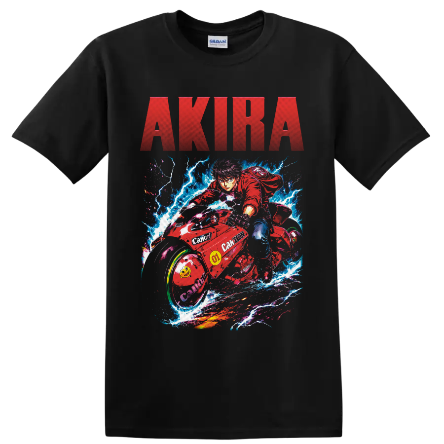 Shotaro Kaneda on red motorcycle with lightning and AKIRA text in neon anime art on a Black T Shirt