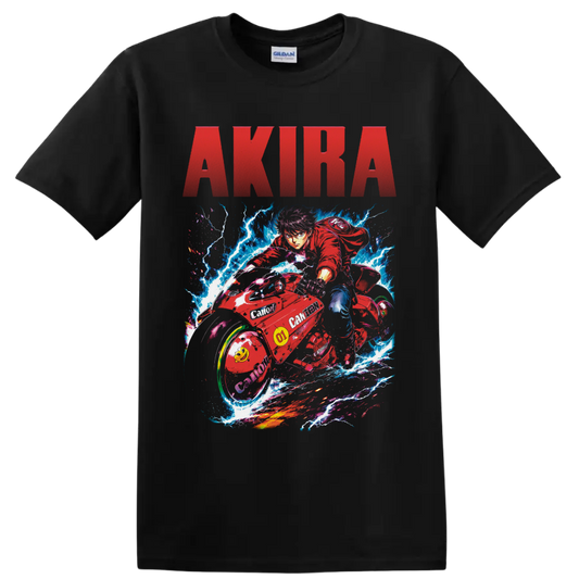 Shotaro Kaneda on red motorcycle with lightning and AKIRA text in neon anime art on a Black T Shirt