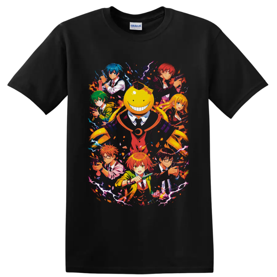Koro-sensei and Class 3-E anime action collage with lightning and fiery splashes on a Black T Shirt