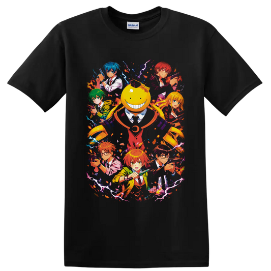 Koro-sensei and Class 3-E anime action collage with lightning and fiery splashes on a Black T Shirt