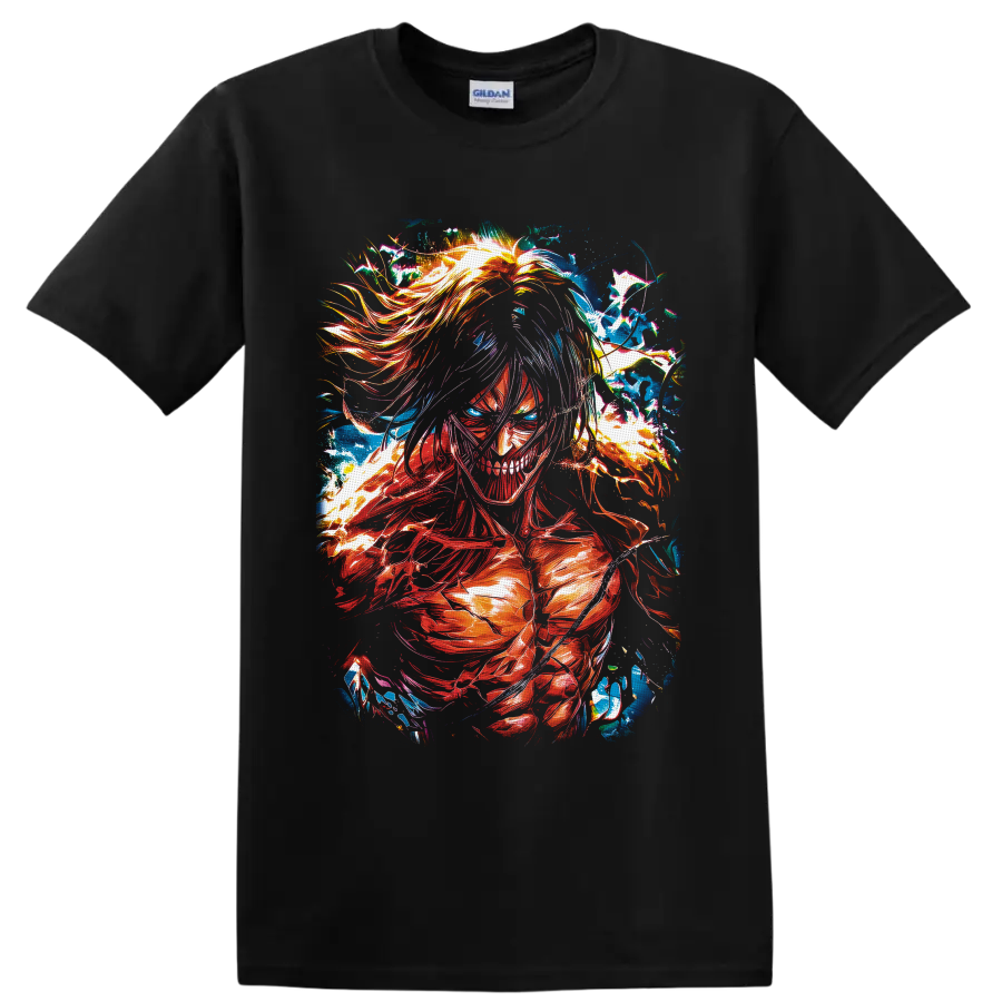 Eren Yeager Attack Titan in vivid red-orange and blue color-burst anime art on a Black T Shirt