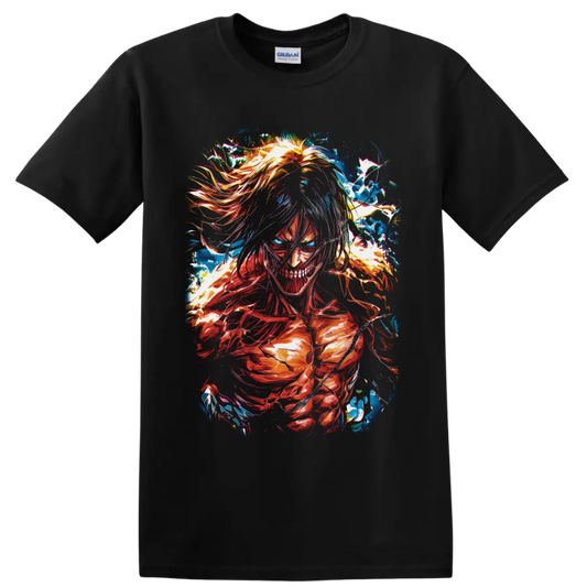 Eren Yeager Attack Titan in vivid red-orange and blue color-burst anime art on a Black T Shirt