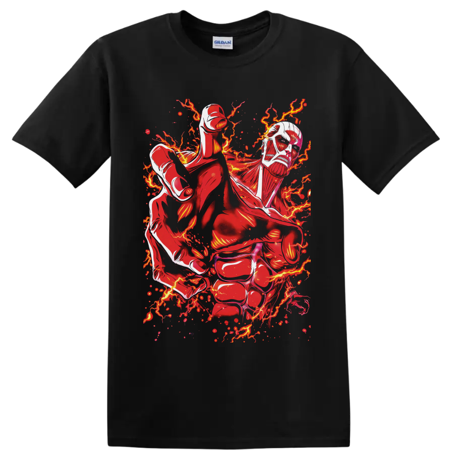 Colossal Titan Attack on Titan manga art with red lightning and fiery sparks on a Black T Shirt
